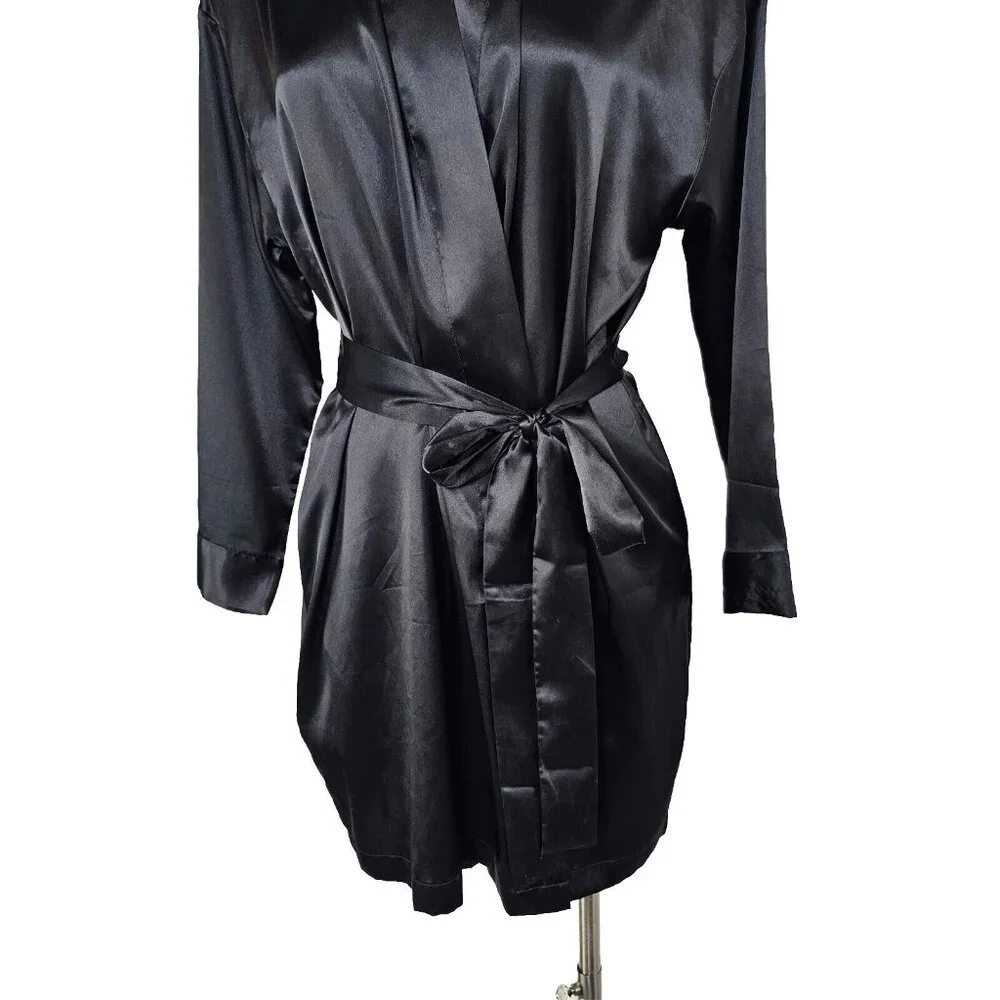 Vintage Y2K Victorias Secret Black Satin Robe One Size Short Dainty Romantic